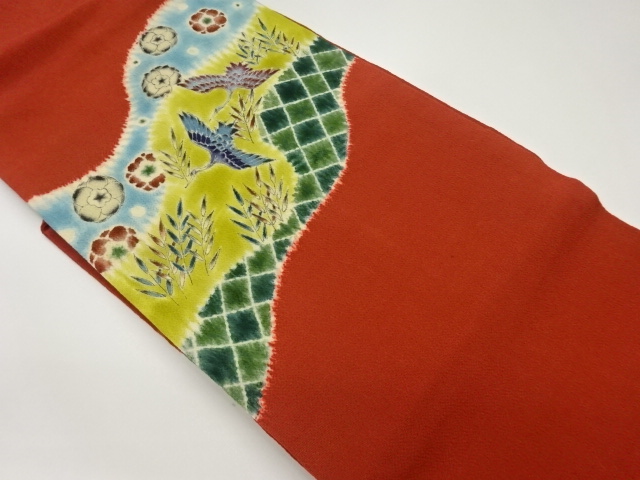 縮緬地絞り手描き変わり横段に鶴・花・笹模様名古屋帯